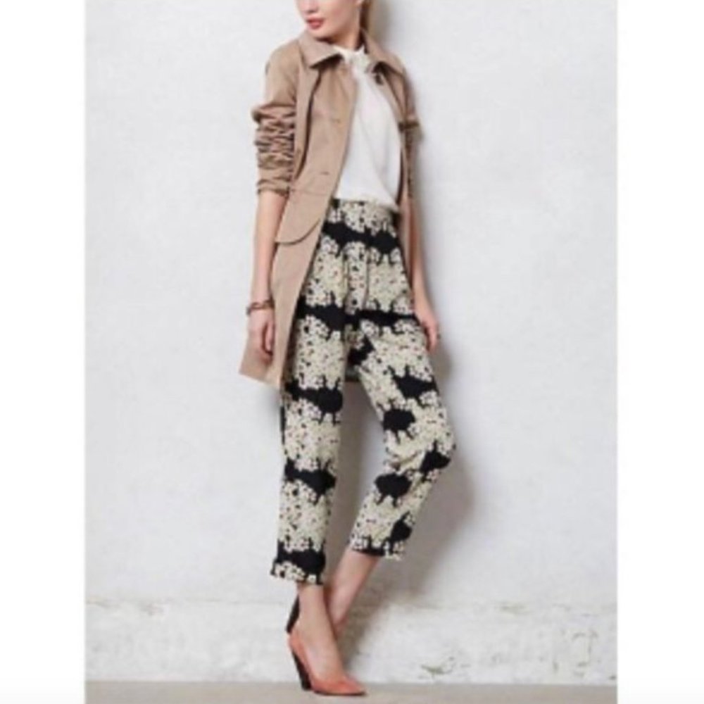 Anthropologie Harlan Black Silk Daisy Print Ankle Pants